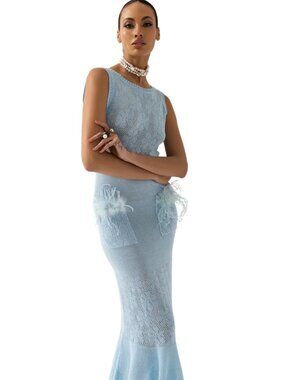 NWT ANDREEVA Blue Rose Knit Dress With Square Neck Size XS